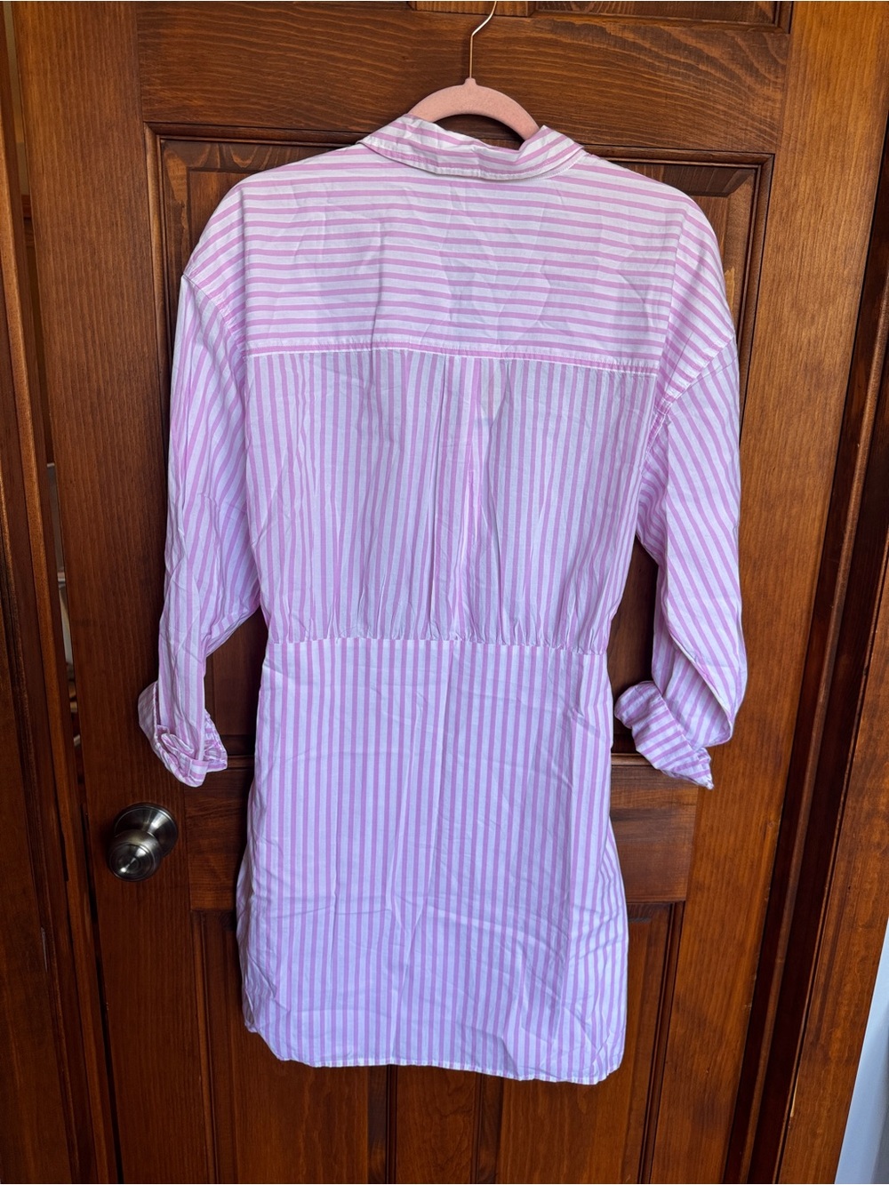 126. Universal Thread Pink and White Striped Long Sleeve Tie-Front Shirt Dress - Picture 9 of 9